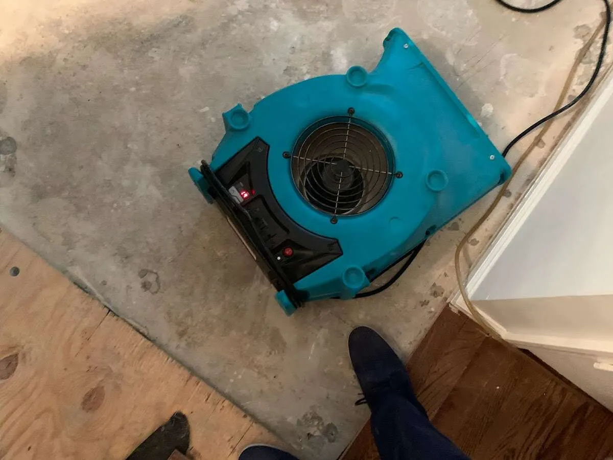 Air mover drying subfloor during Leak Detection & Repair in Lufkin